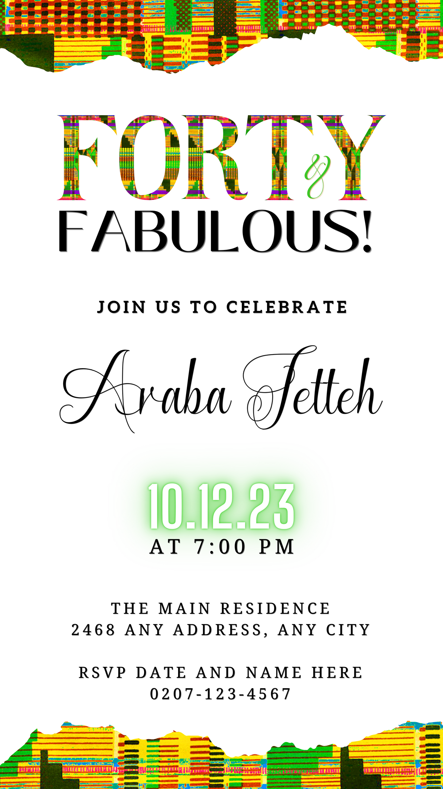 Editable Digital Green Yellow Kente White | 40 & Fabulous Party Evite with colorful text, customizable via Canva for easy personalizing and electronic sharing.