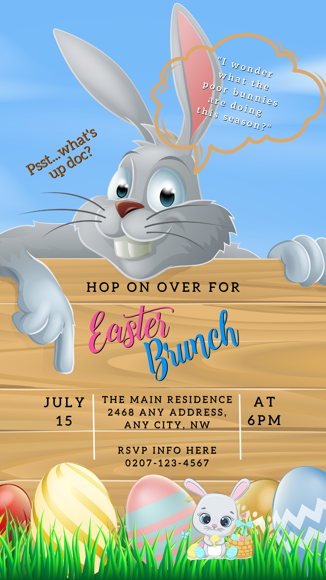 Cartoon Grey Easter Bunny holding a sign, part of URCordiallyInvited's editable Easter Party Evite, customizable via Canva for easy digital sharing.