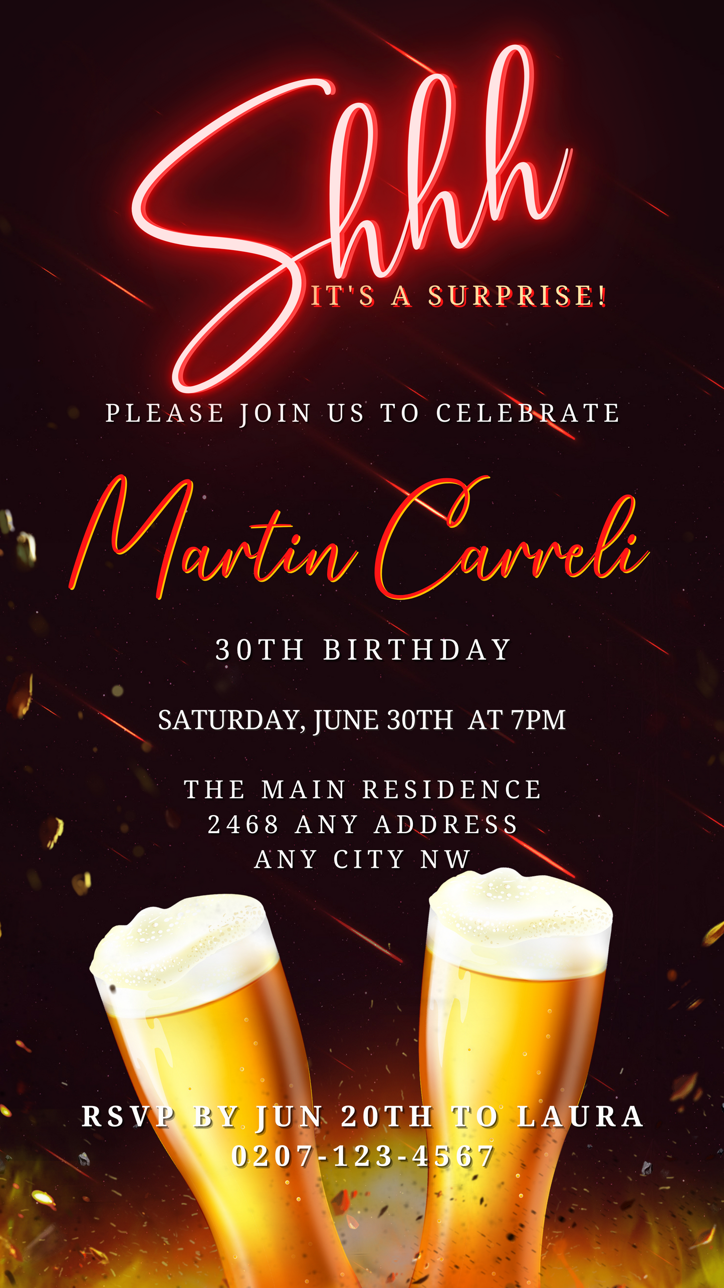 Red Neon Beer Mugs Surprise | Birthday Party Evite with two beer glasses, customizable digital invitation for birthdays, editable via Canva, ideal for smartphone sharing.