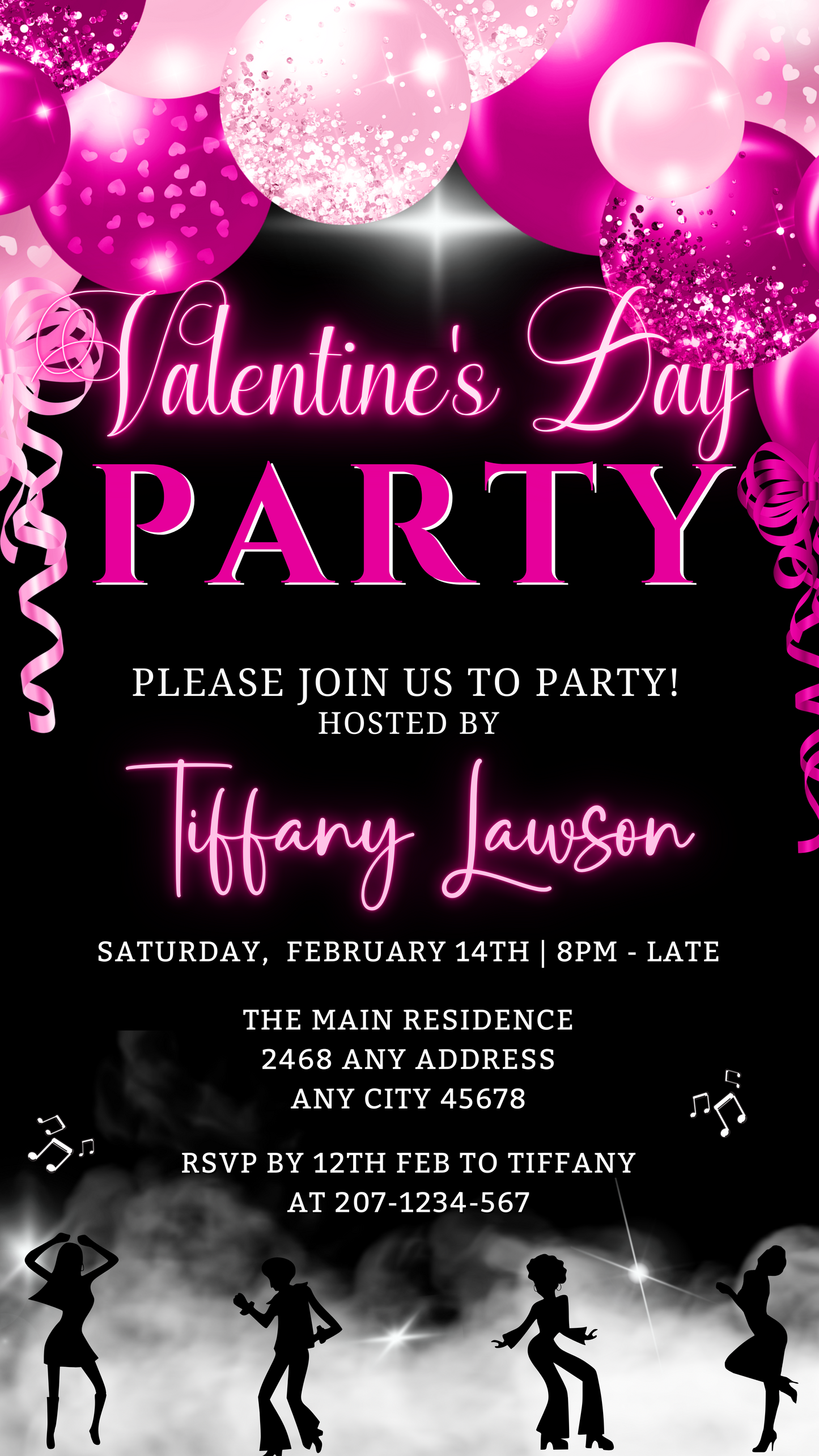 Editable Digital Smoking Dancers Pink Neon Balloons Valentines Day Party Evite featuring silhouettes of dancers, balloons, and customizable text for easy personalization.