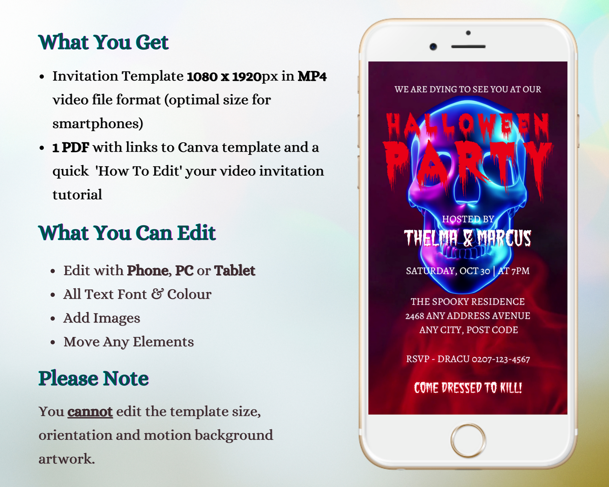 White cell phone displaying a Blue Smoking Neon Skull Halloween Party Video Invite, personalized via Canva, for digital sharing.