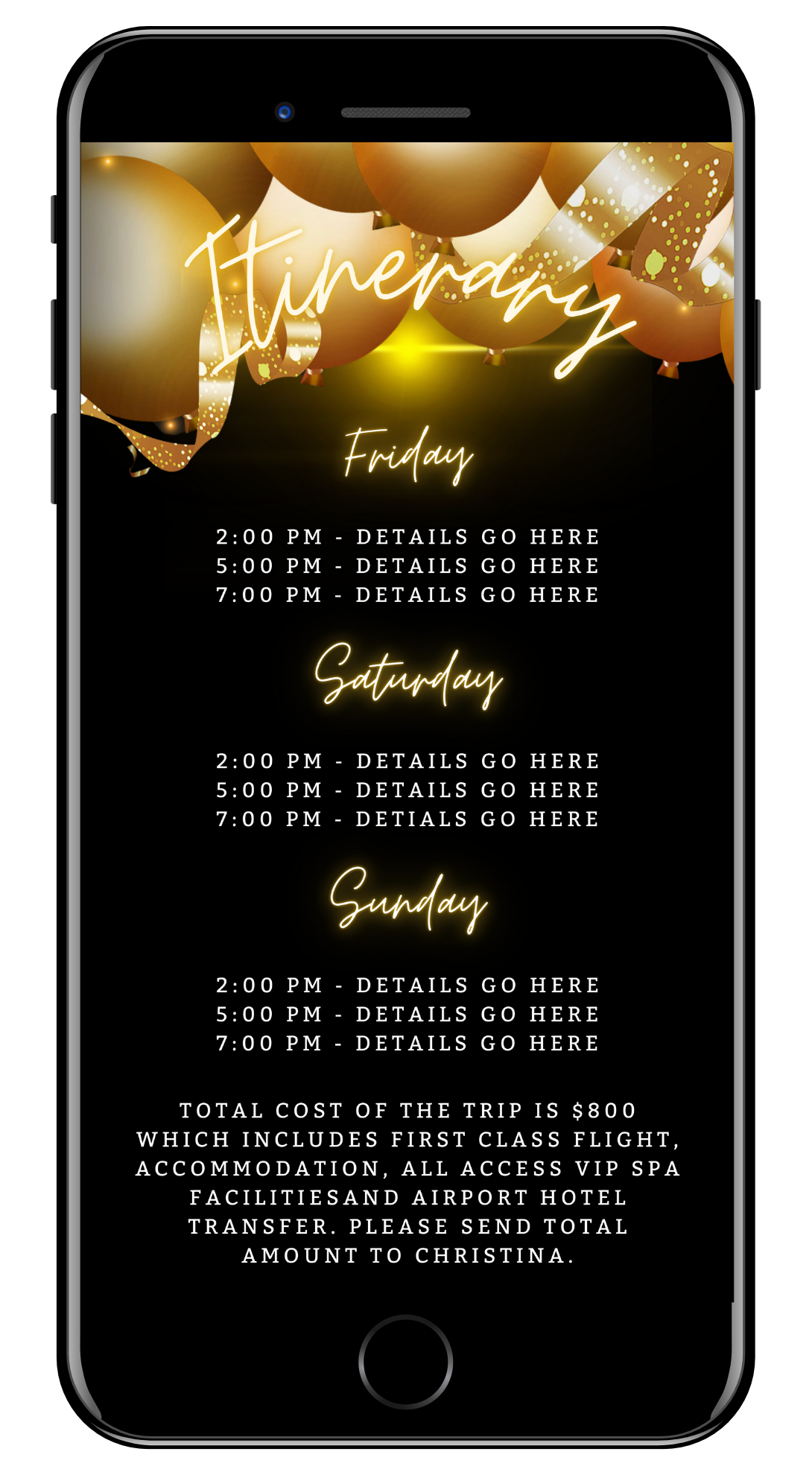 Phone screen displaying customizable Black Neon Gold Floating Balloons WTFifty Weekend Evite template with editable event details via Canva for easy digital sharing.