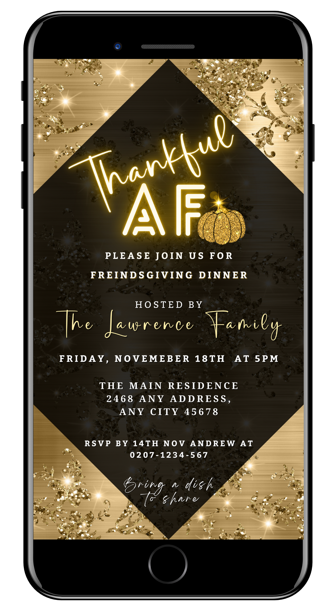 Thankful AF Golden Leaves Diamond Thanksgiving Dinner Evite displayed on a smartphone, alongside a black and gold invitation featuring a pumpkin and editable sections.