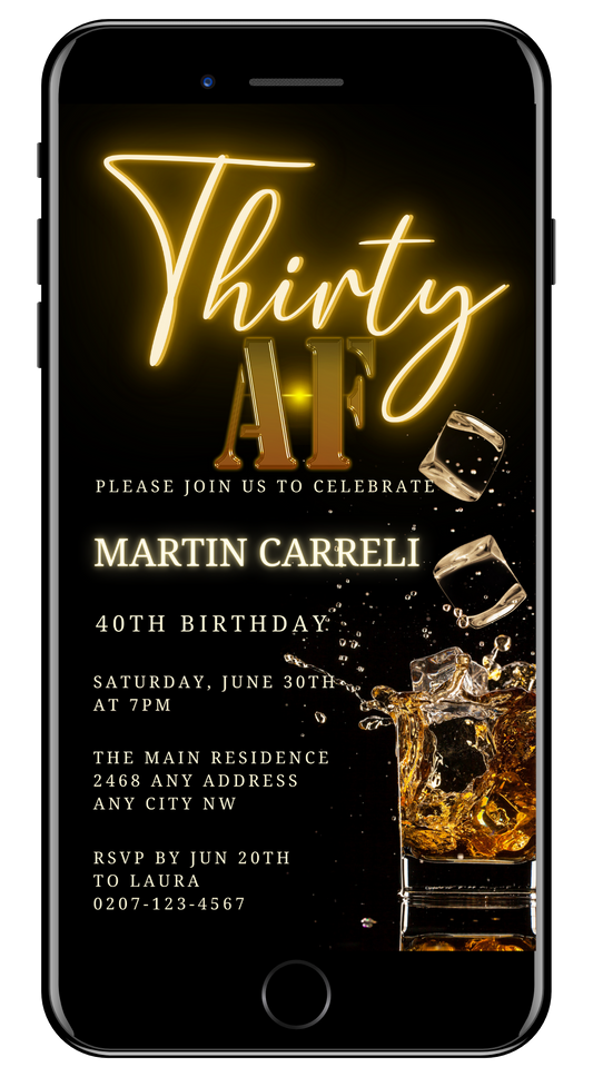 Customizable Gold Neon Splashing Cubes | 30AF Birthday Evite displayed on a smartphone screen, showcasing editable text and graphics for digital invitations.