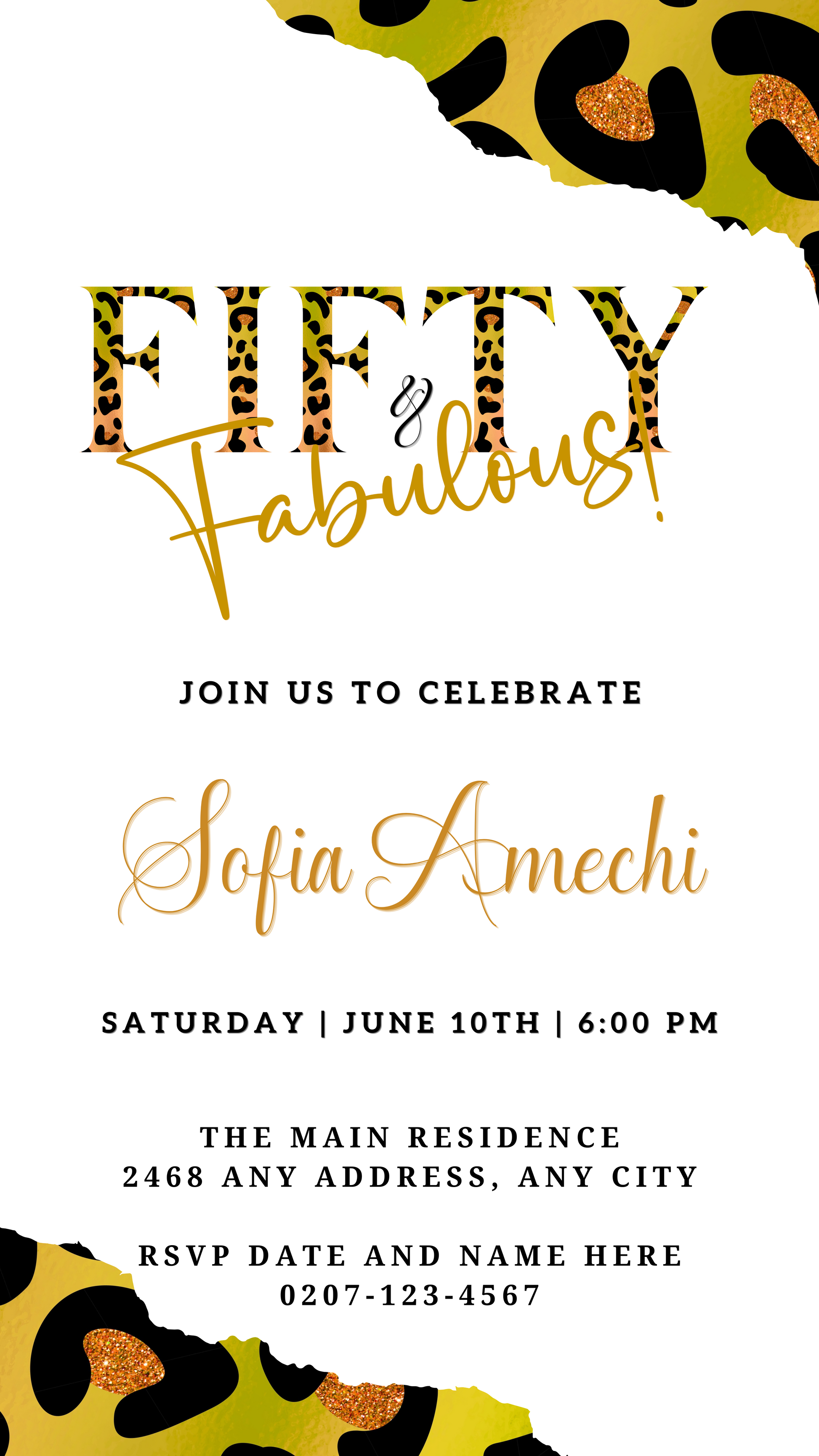 Customizable digital evite for a Green Gold Neon White Animal Print | Fifty & Fabulous Party, featuring editable text and animal print design for digital sharing.