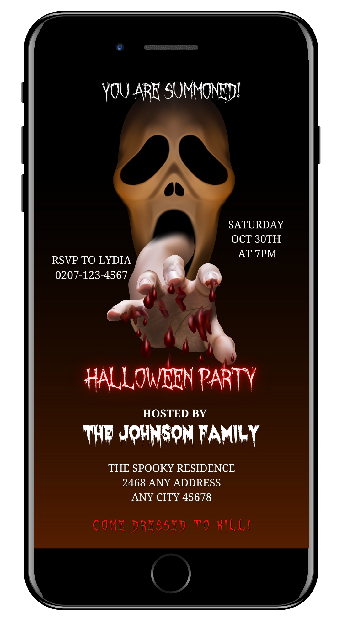Phone screen displaying a Scary Mouth Hand Skull Halloween Evite, featuring bloodied hands and text elements, customizable via Canva for digital invitations.