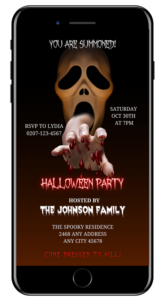Phone screen displaying a Scary Mouth Hand Skull Halloween Evite, featuring bloodied hands and text elements, customizable via Canva for digital invitations.