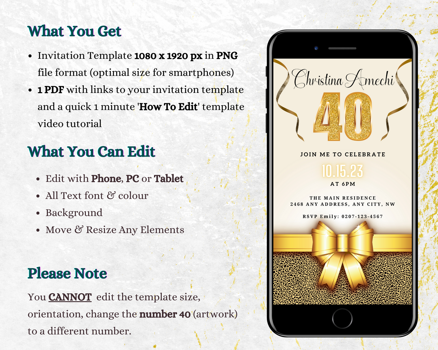 Customizable Digital Beige Gold Leopard 40th Birthday Evite displayed on a smartphone with a gold bow and ribbon.