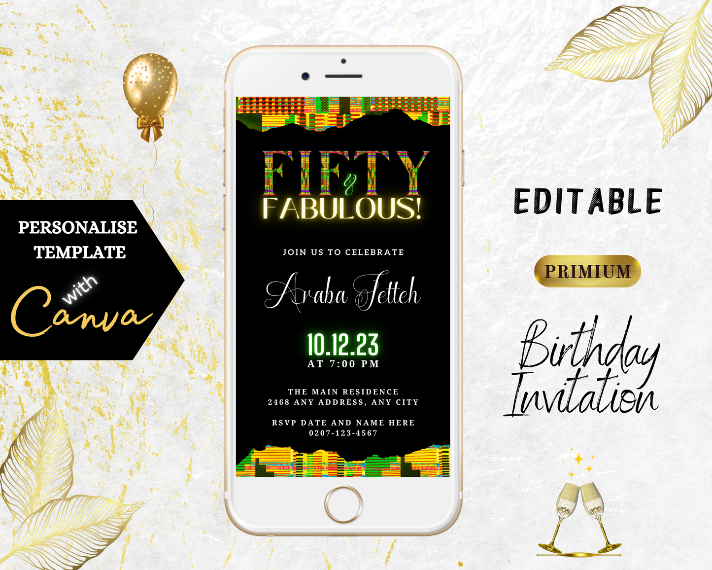 Green Yellow Kente Black | 50 & Fabulous Party Evite displayed on a white smartphone screen with gold leaves.