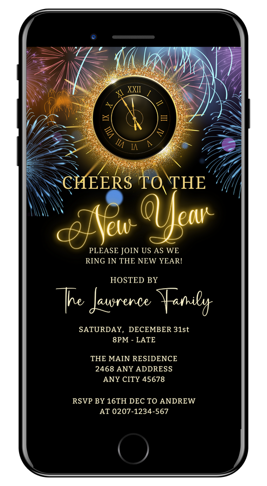 Colourful Fireworks Clock | New Years Eve Party Evite displayed on a smartphone screen with a clock and fireworks background.