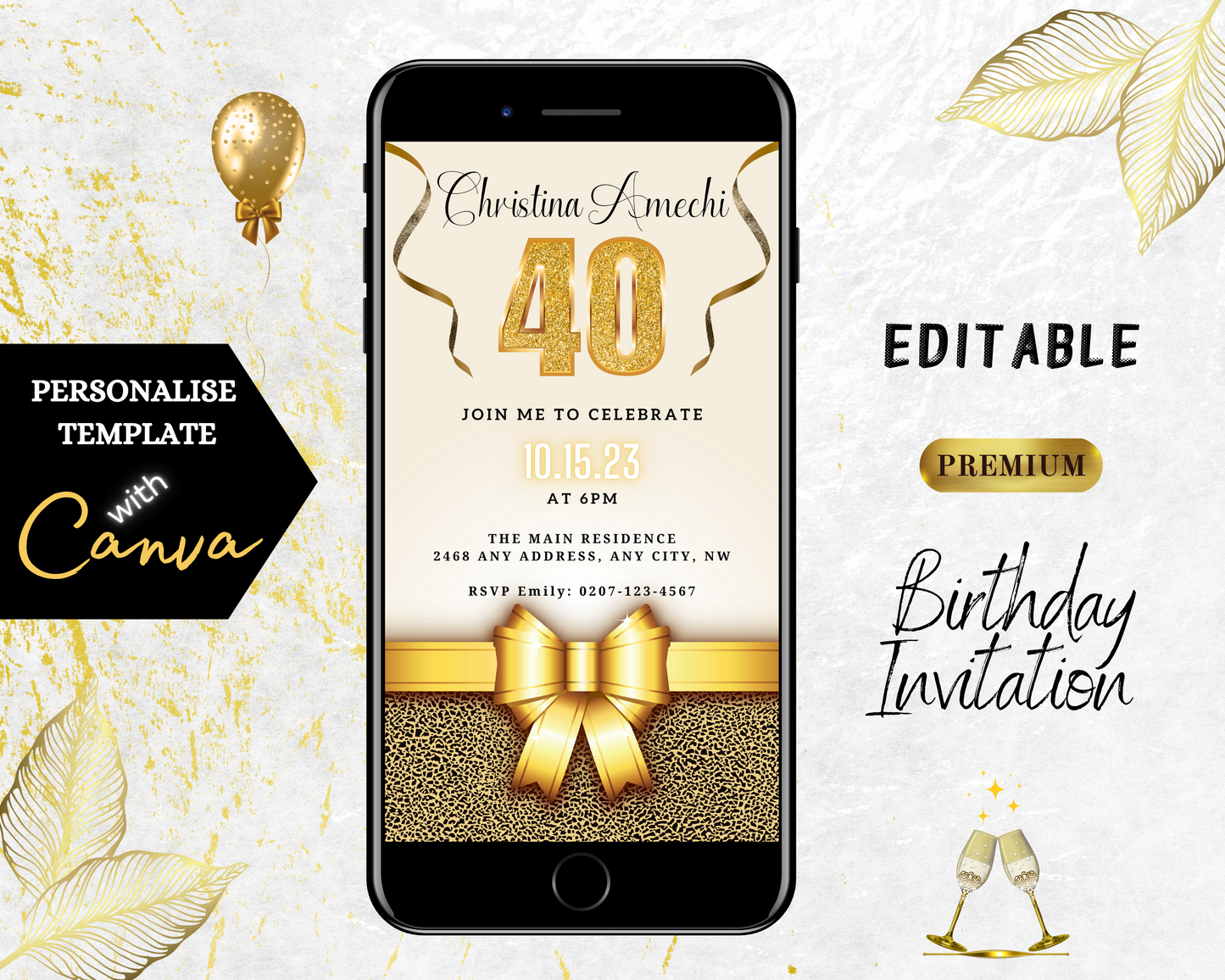 Customisable Beige Gold Leopard 40th Birthday Evite on a smartphone screen with a gold bow and celebratory balloons.