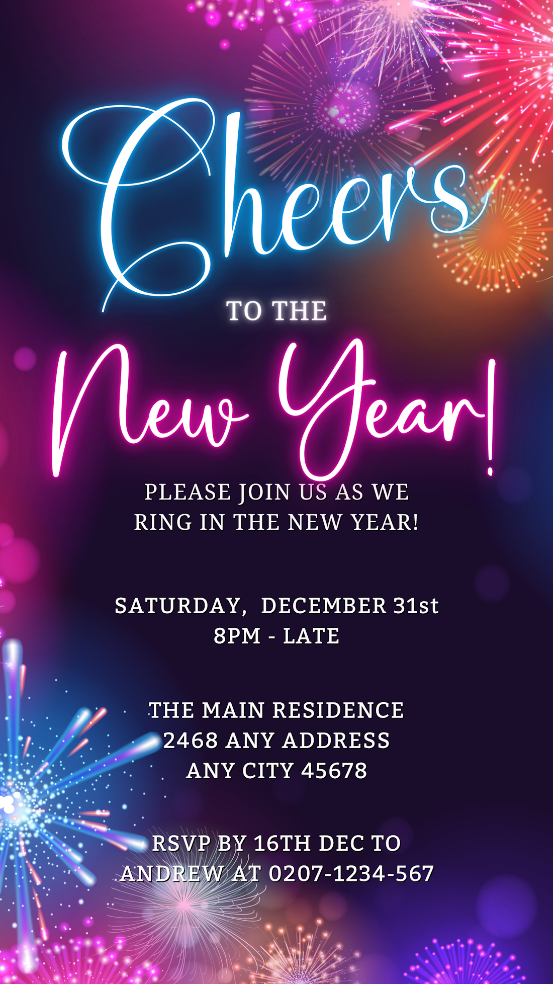 New Year's 2024 Party Evite featuring neon fireworks and editable text, customizable via Canva for electronic sharing.