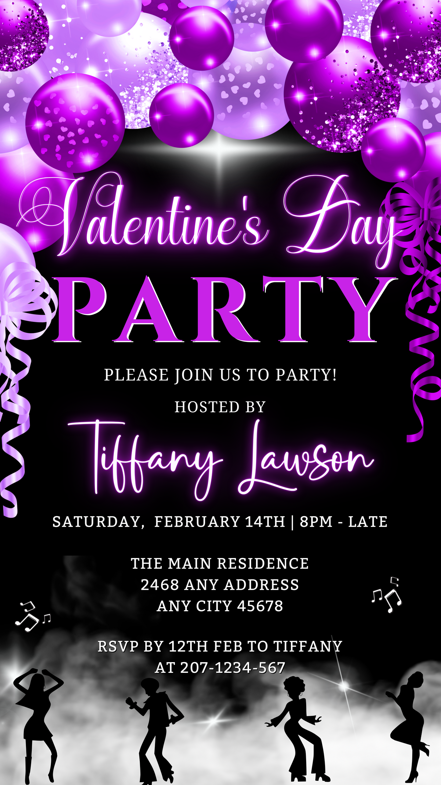 Smoking Dancers Neon Purple Valentine's Party Evite featuring silhouettes of dancers, editable via Canva for digital invitations.