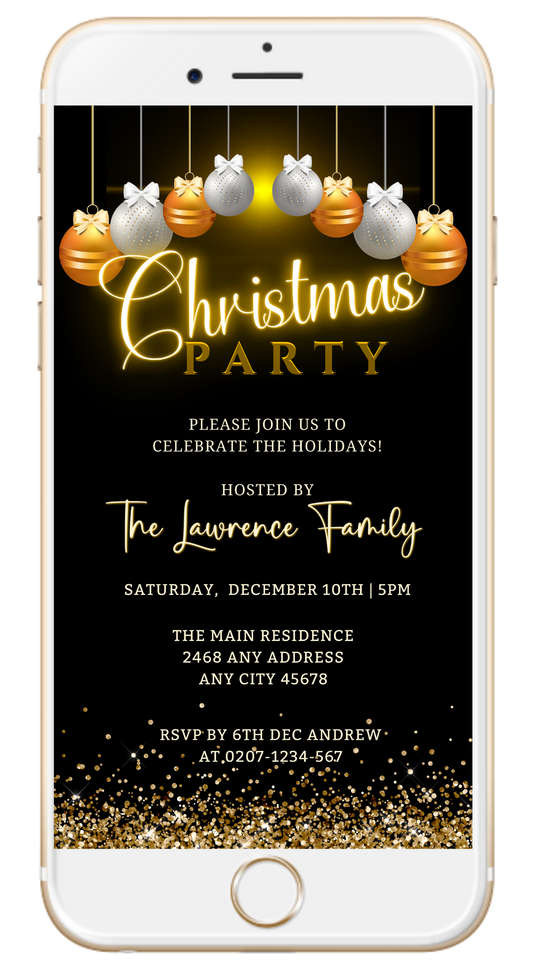 Editable Digital Gold Silver Glitter Christmas Party Evite displayed on a smartphone screen, showcasing customizable text and design for instant download and personalization.