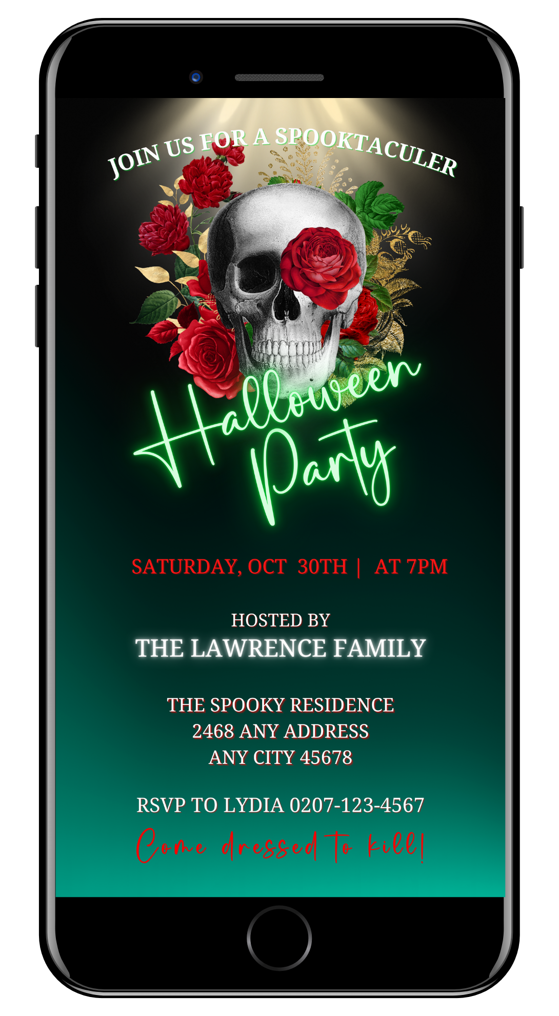 Red Rose Illuminated Skull on a cell phone screen, showcasing a customizable Halloween Evite template for personalizing digital invitations via Canva.