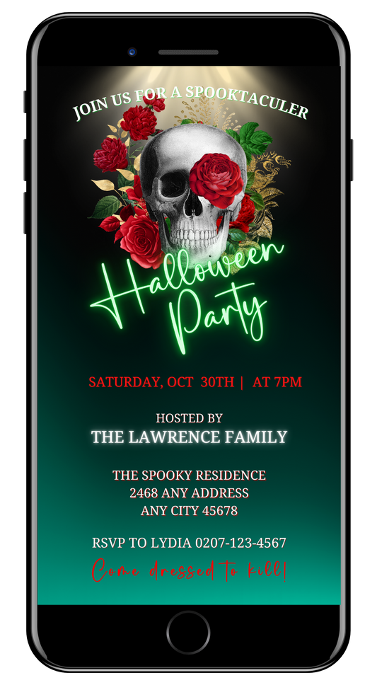 Red Rose Illuminated Skull on a cell phone screen, showcasing a customizable Halloween Evite template for personalizing digital invitations via Canva.