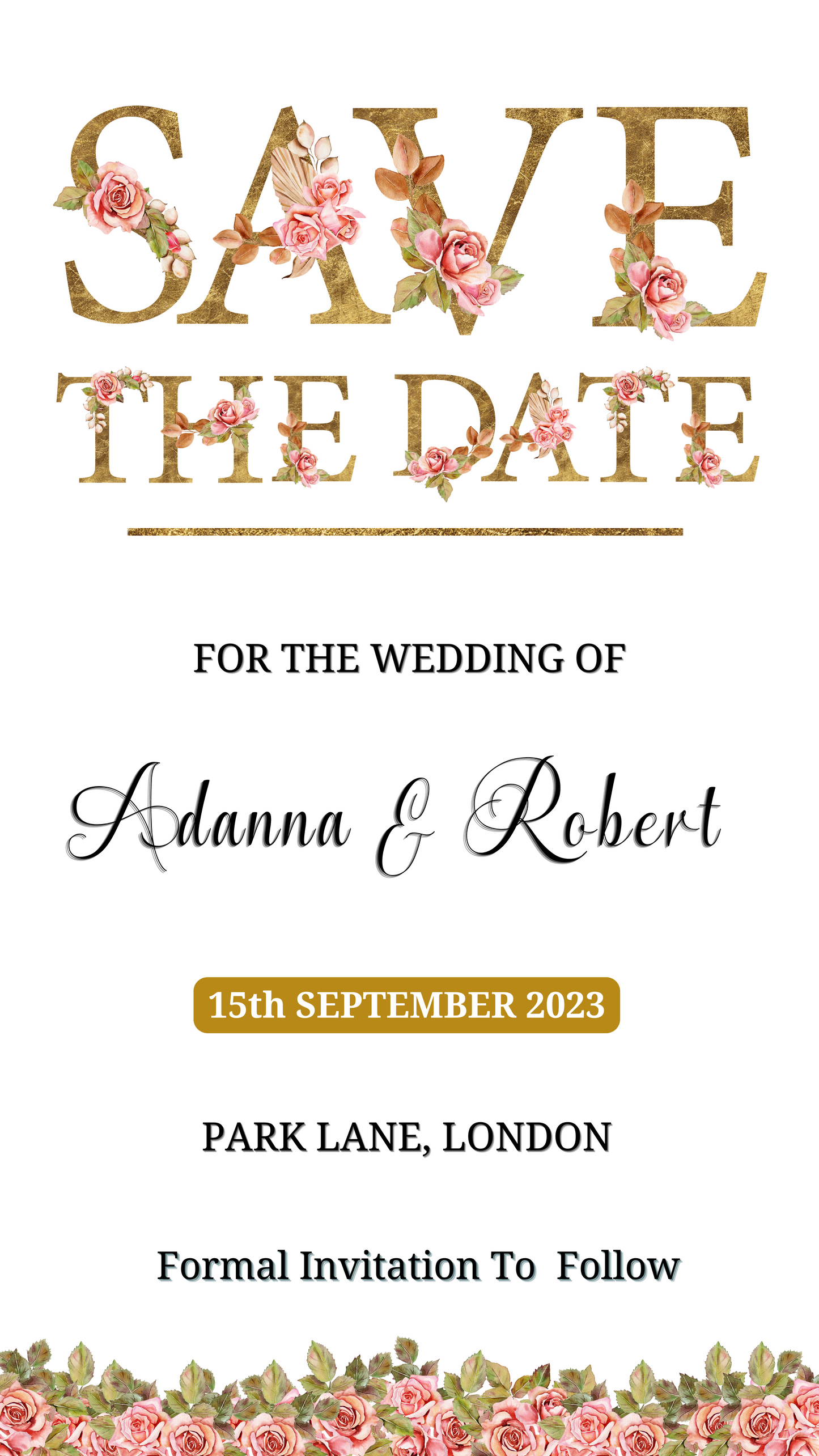 Gold Pink Floral Roses Save The Date Evite featuring editable gold text and pink rose illustrations, designed for customization via Canva on various devices.