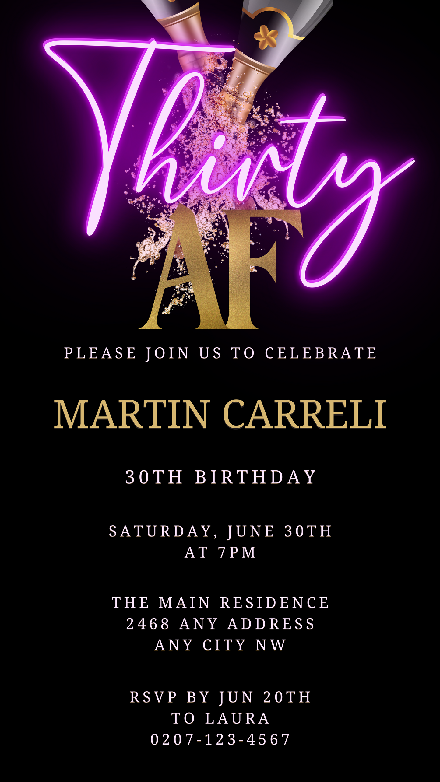 Customizable digital invitation with black and gold accents, featuring purple text and champagne motifs for a 30th birthday party. Instantly editable via Canva.
