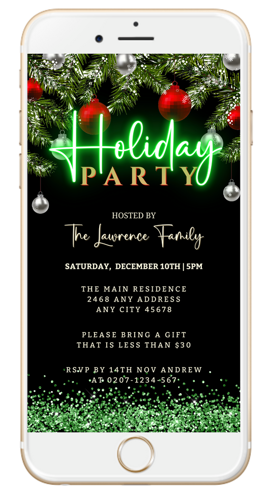 Editable Digital Green Neon Red Silver Ornament | Holiday Party Evite displayed on a smartphone screen, featuring customizable festive elements like ornaments and lights.