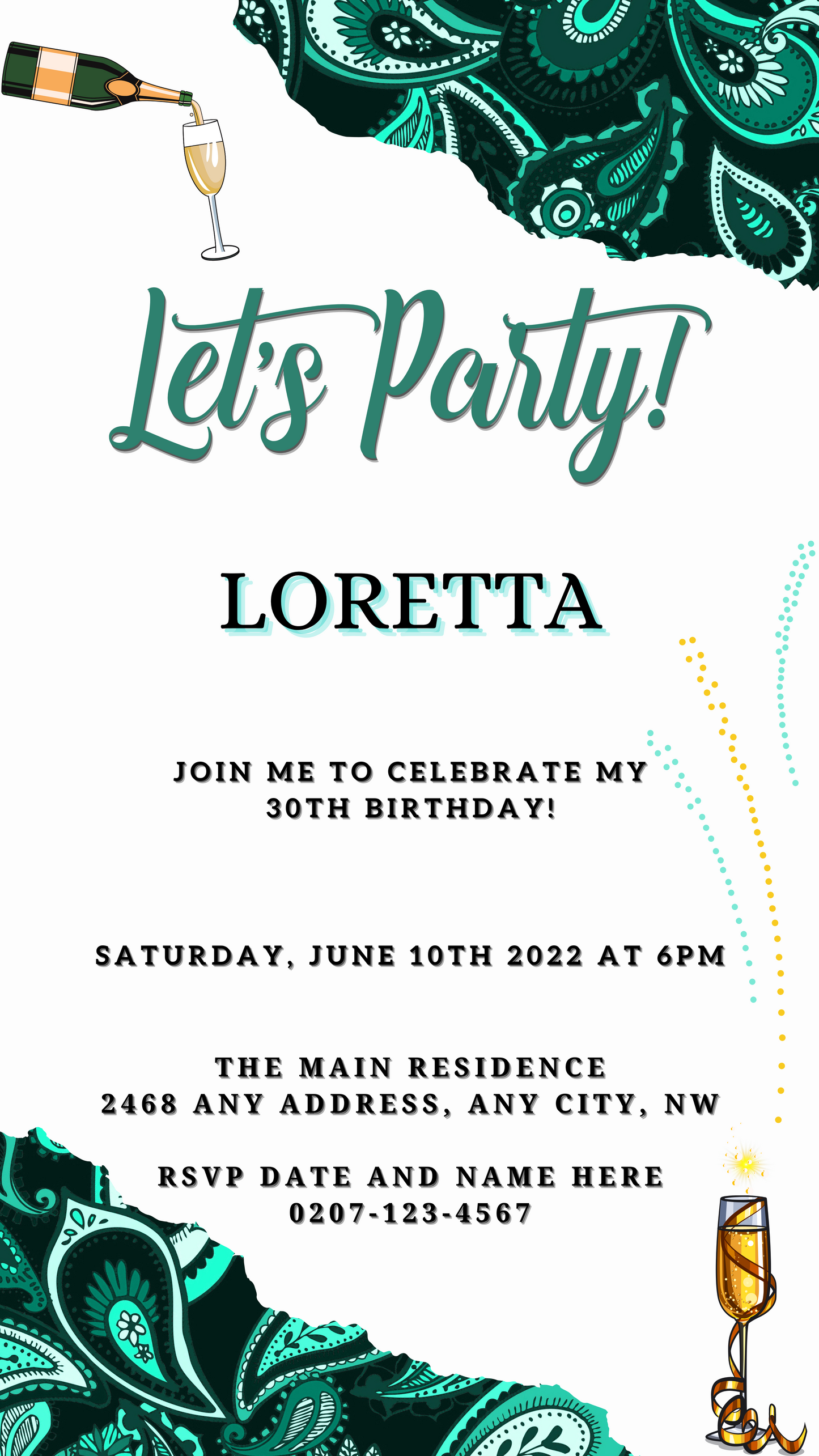 African Ankara White Teal customisable party evite showcasing green and blue text with a green and black paisley pattern, editable using Canva for various events.
