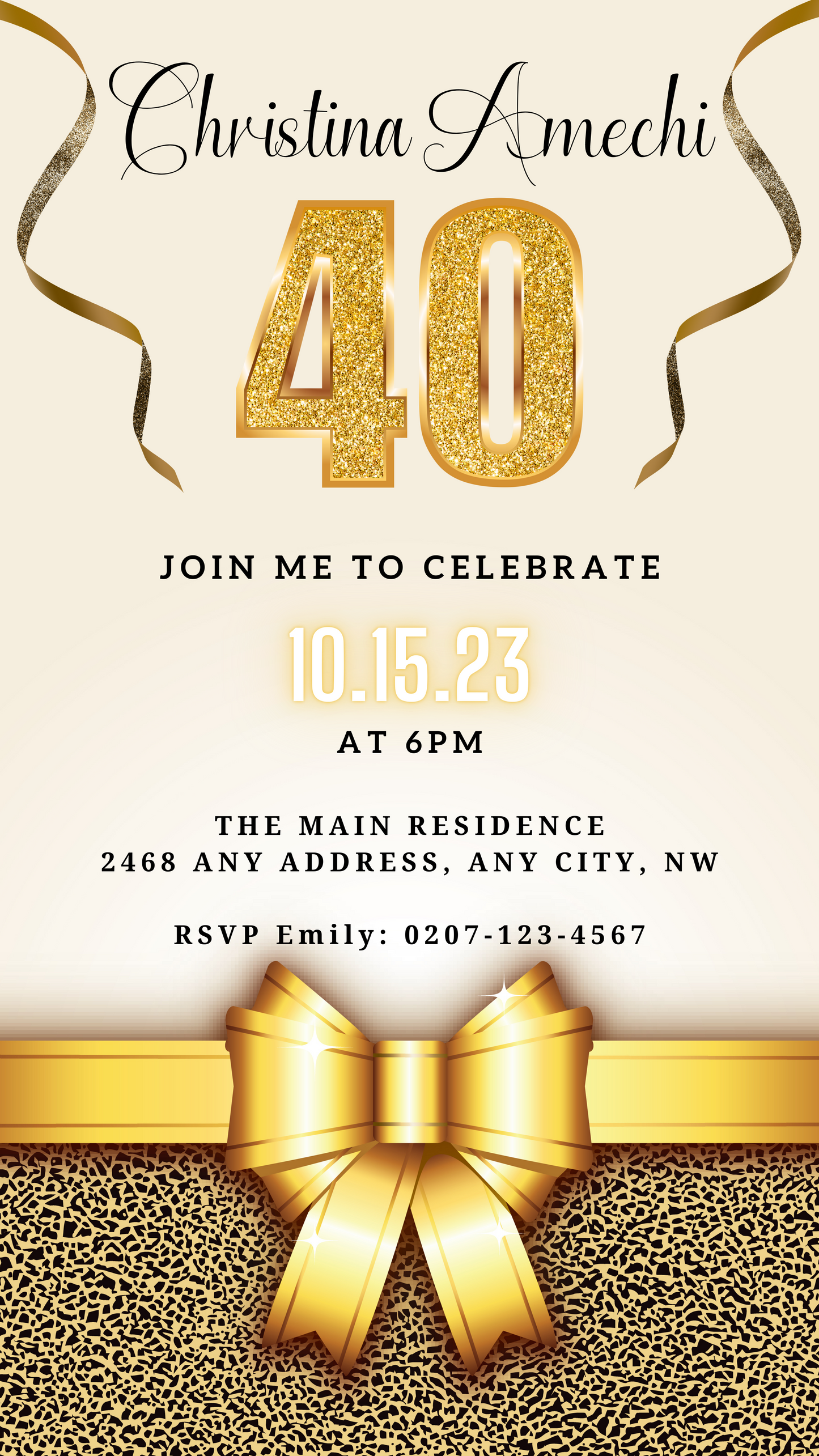 Gold and white 40th Birthday Evite with a bow and ribbons, customizable using Canva for electronic sharing.