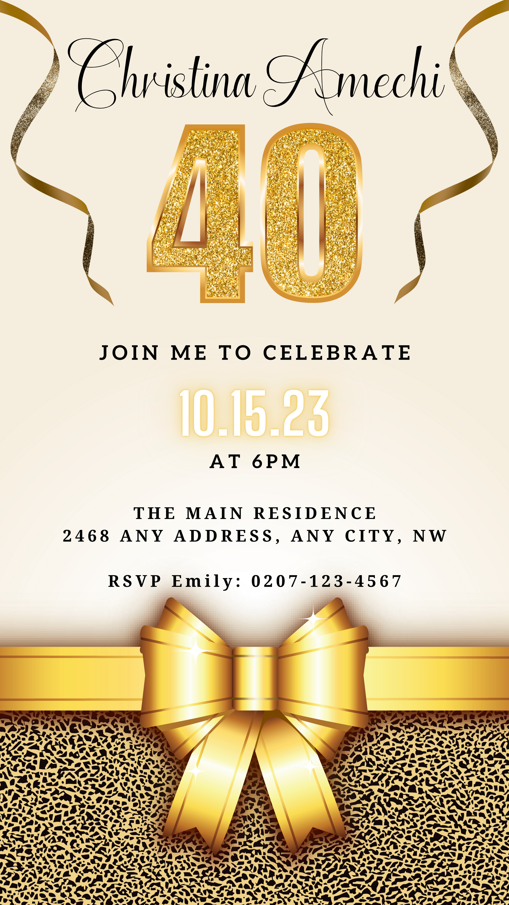 Gold and white 40th Birthday Evite with a bow and ribbons, customizable using Canva for electronic sharing.