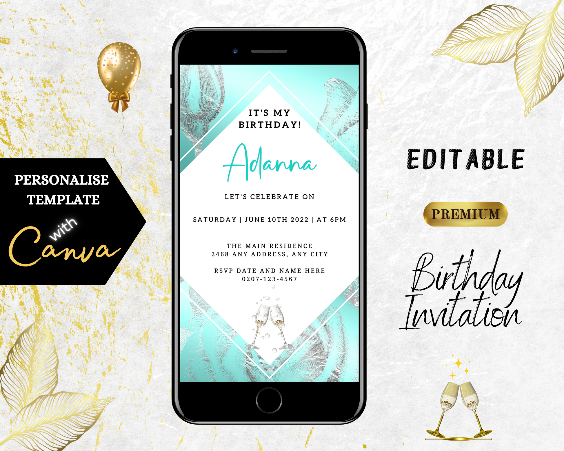 Cell phone displaying a customizable Teal White Silver Floral Birthday Evite template, designed for easy personalization with the Canva app.