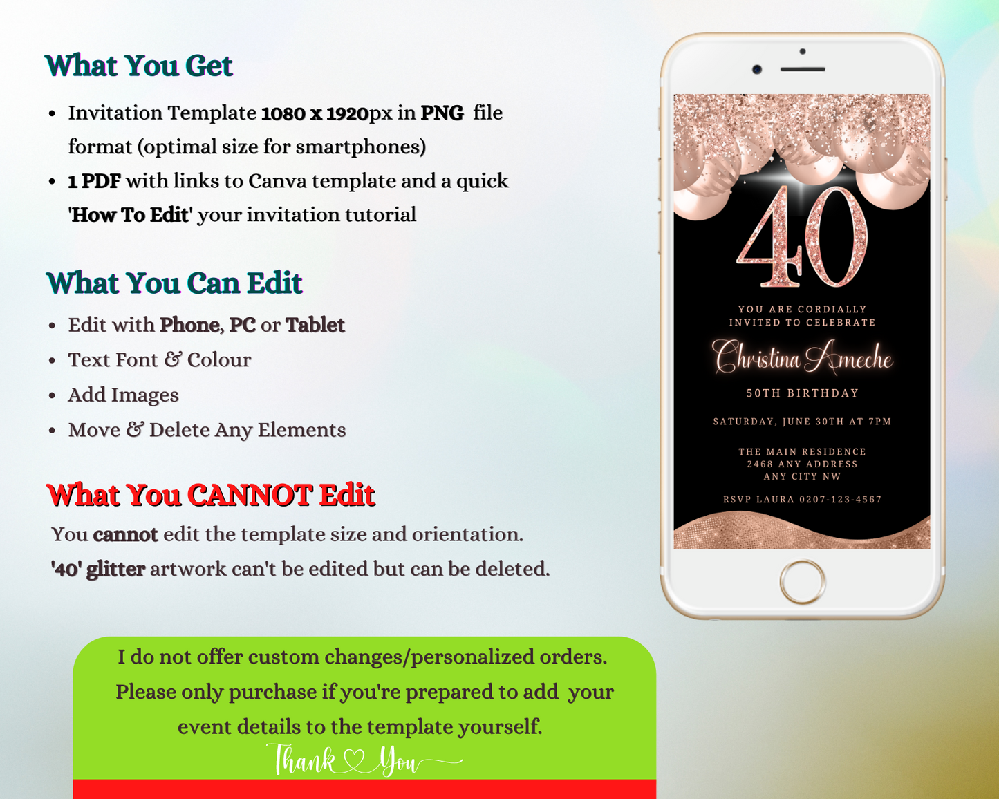 Rose Gold Balloons Glitter 40th Birthday Evite displayed on a smartphone screen. The customizable digital invitation template is showcased with editable text and event details.