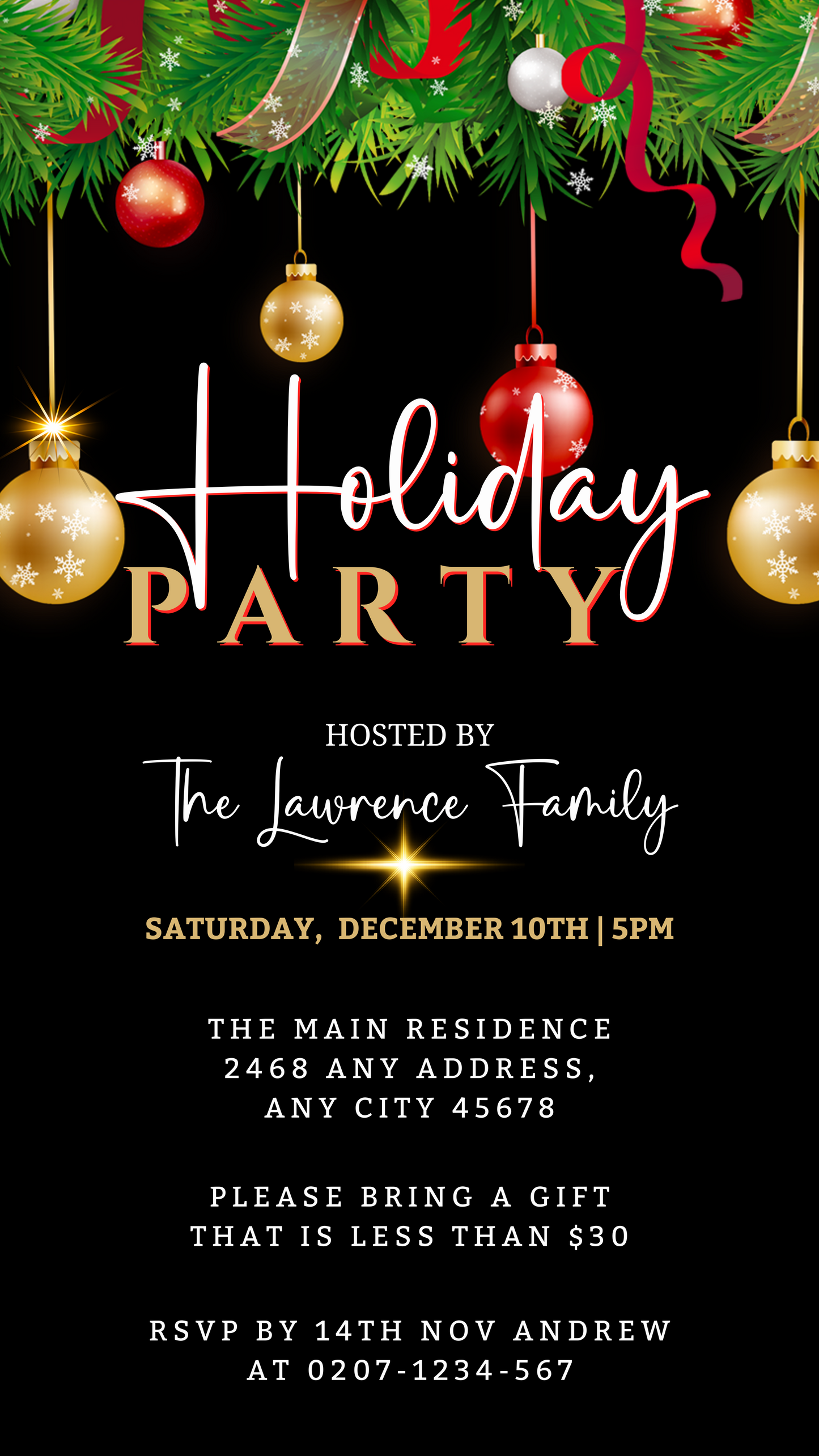 Editable Gold Red Green Ornaments Holiday Party Evite featuring festive ornaments, customizable via Canva for instant digital sharing.