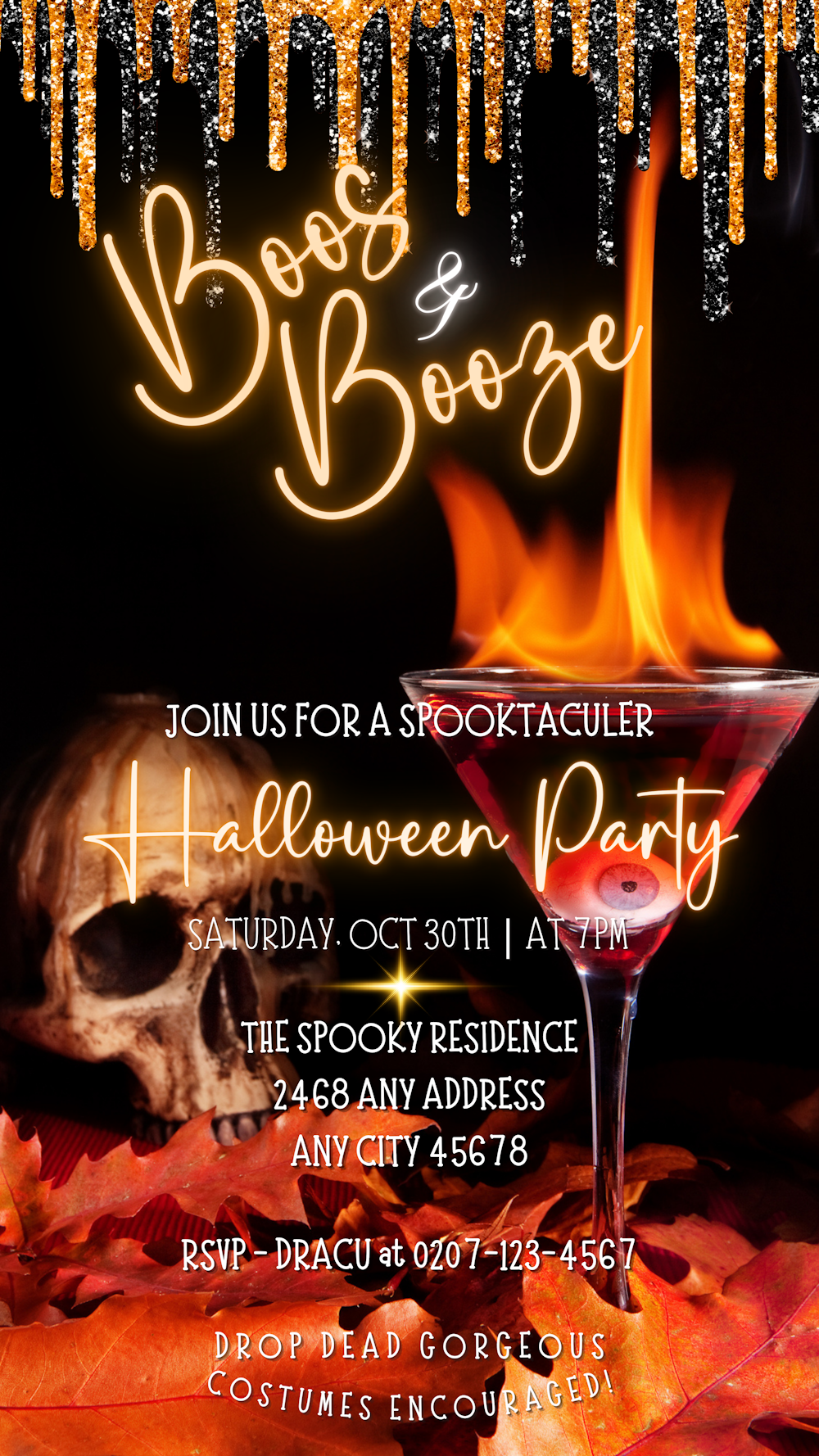 Boos & Booze skull Flaming Eyeball Cocktail Glass Halloween Party Evite featuring a skull with a martini glass and an eyeball in red liquid.
