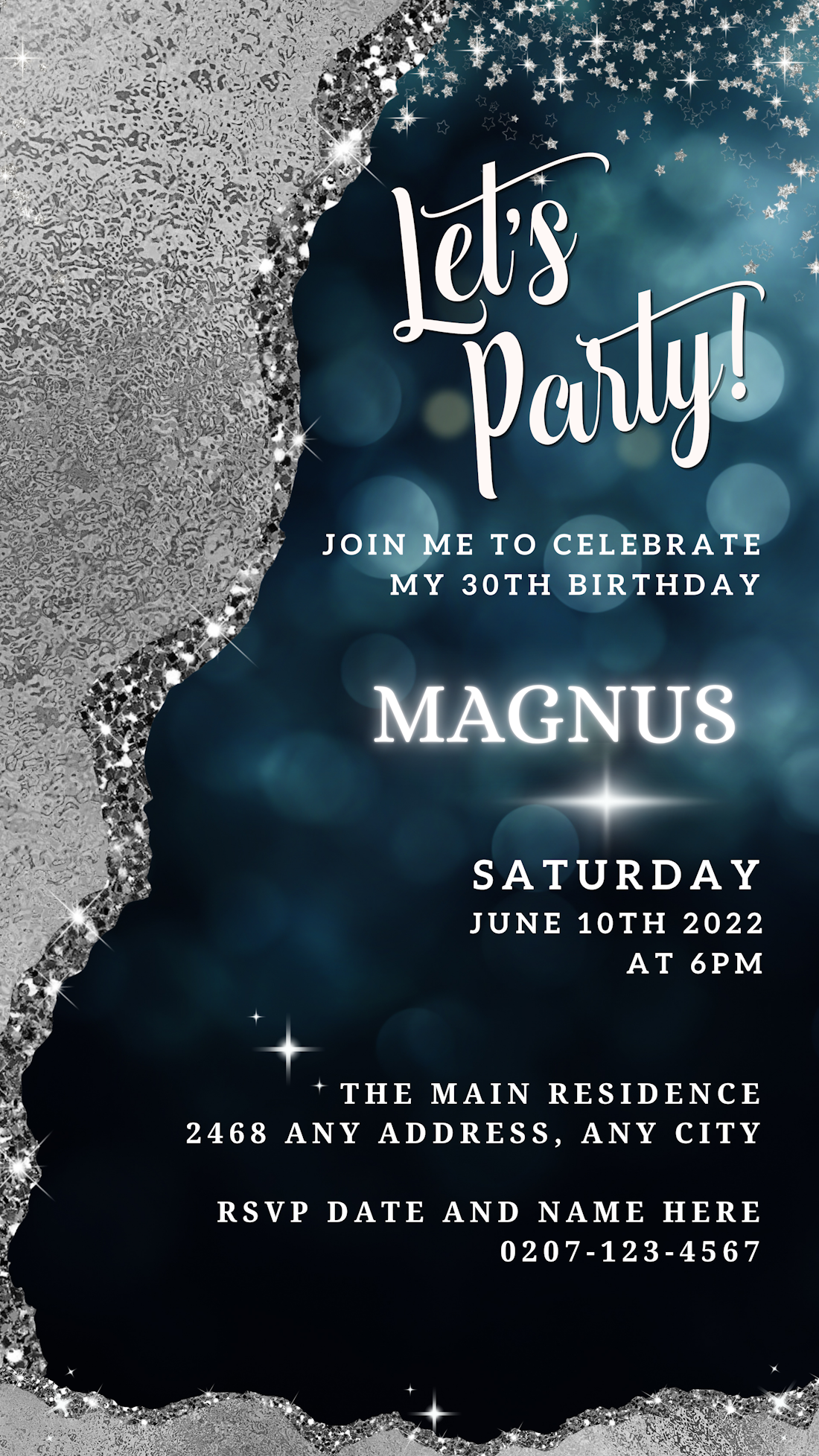 Navy Silver Glitter Editable Birthday Evite, showcasing white text on a blue and silver background, customizable via Canva for digital sharing.