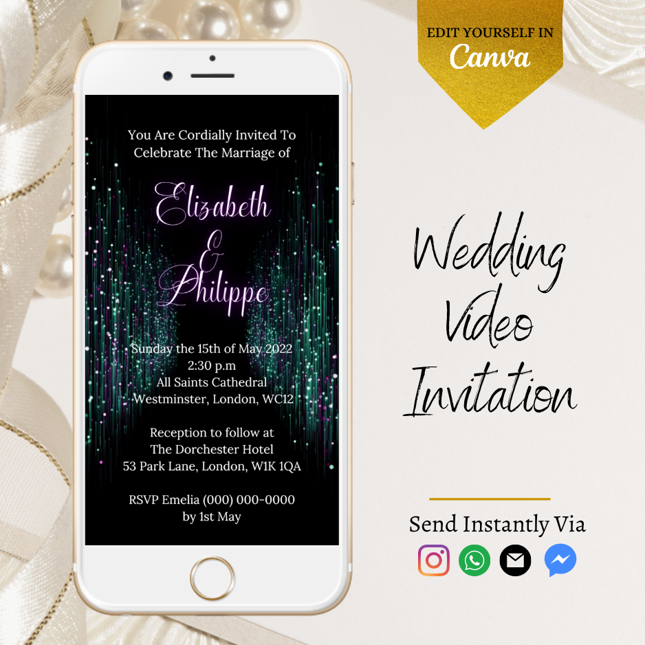Customizable Digital Green Purple Glitter Wedding Video Invitation displayed on a white smartphone screen, showcasing editable text and design elements.