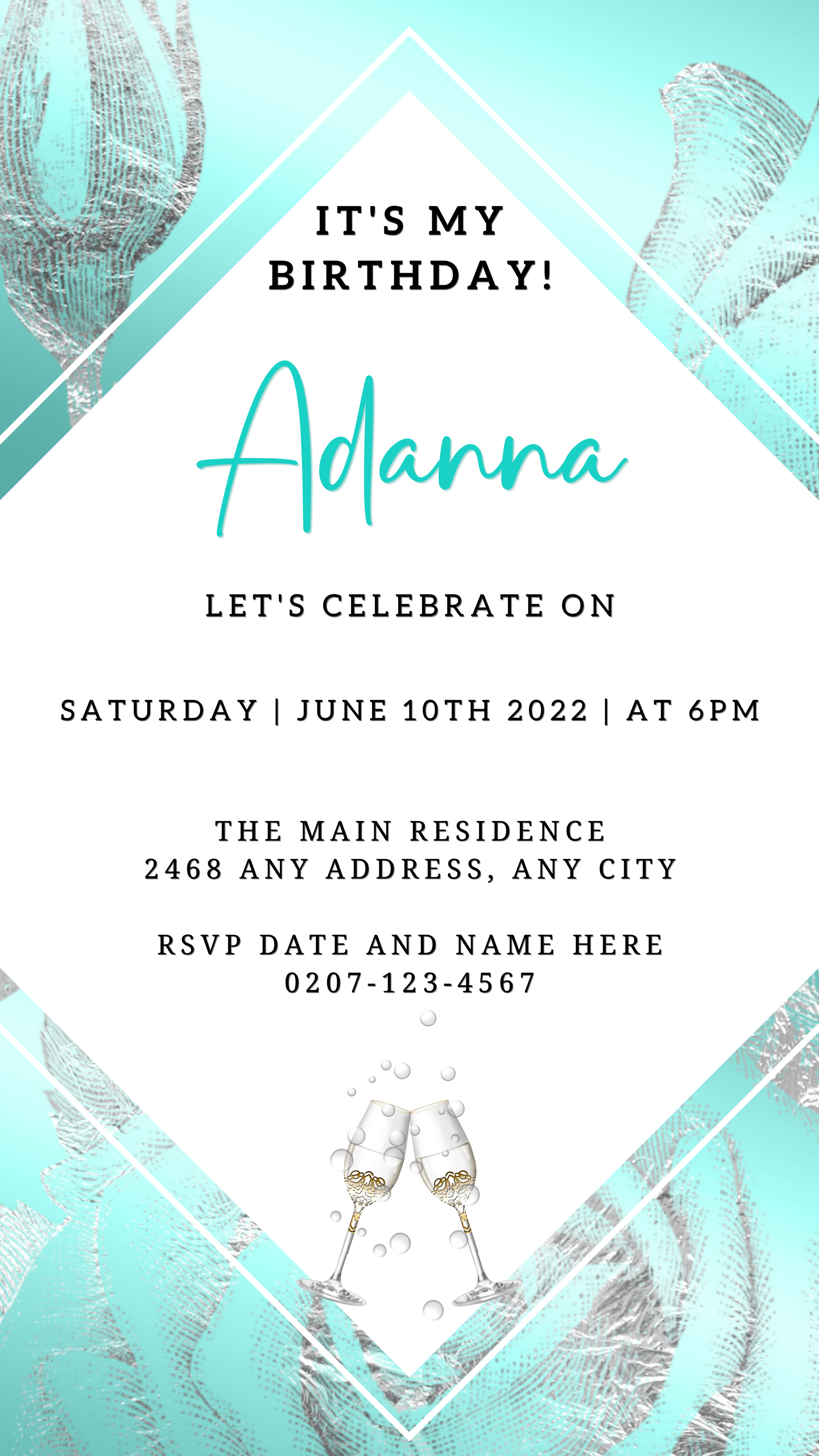 Teal White Silver Floral Customisable Birthday Evite with wine glasses and text, editable via Canva for digital sharing.