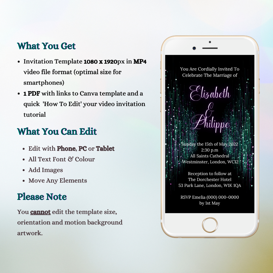 White smartphone displaying a customizable Green Purple Glitter Wedding Video Invitation template with editable text and elements.