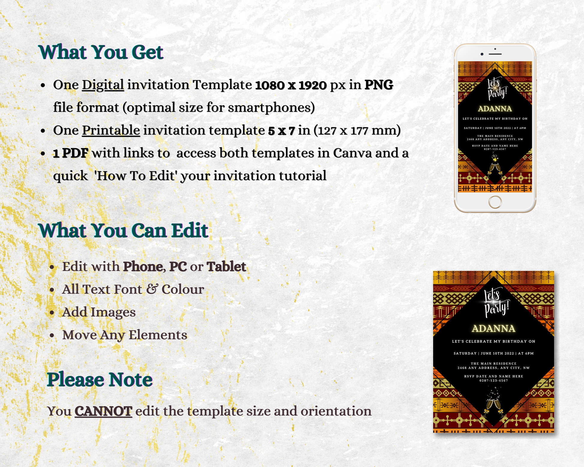 Phone displaying Gold Yellow African Ankara Editable Party Evite; customizable invitation template for smartphones, designed via Canva for easy personalization and digital sharing.