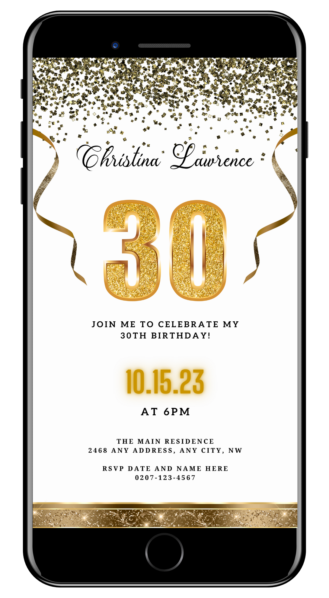 White Gold Confetti 30th Birthday Evite displayed on a smartphone with gold glittery ribbons and text, customizable via Canva.
