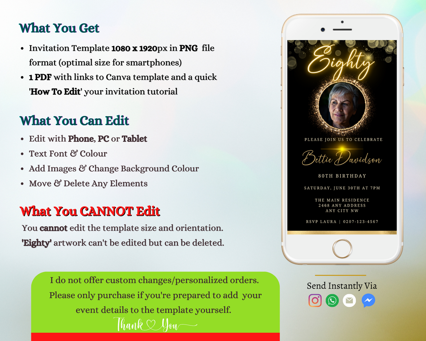 A customizable digital invitation for an 80th birthday featuring a gold neon oval photo frame displayed on a white smartphone screen.