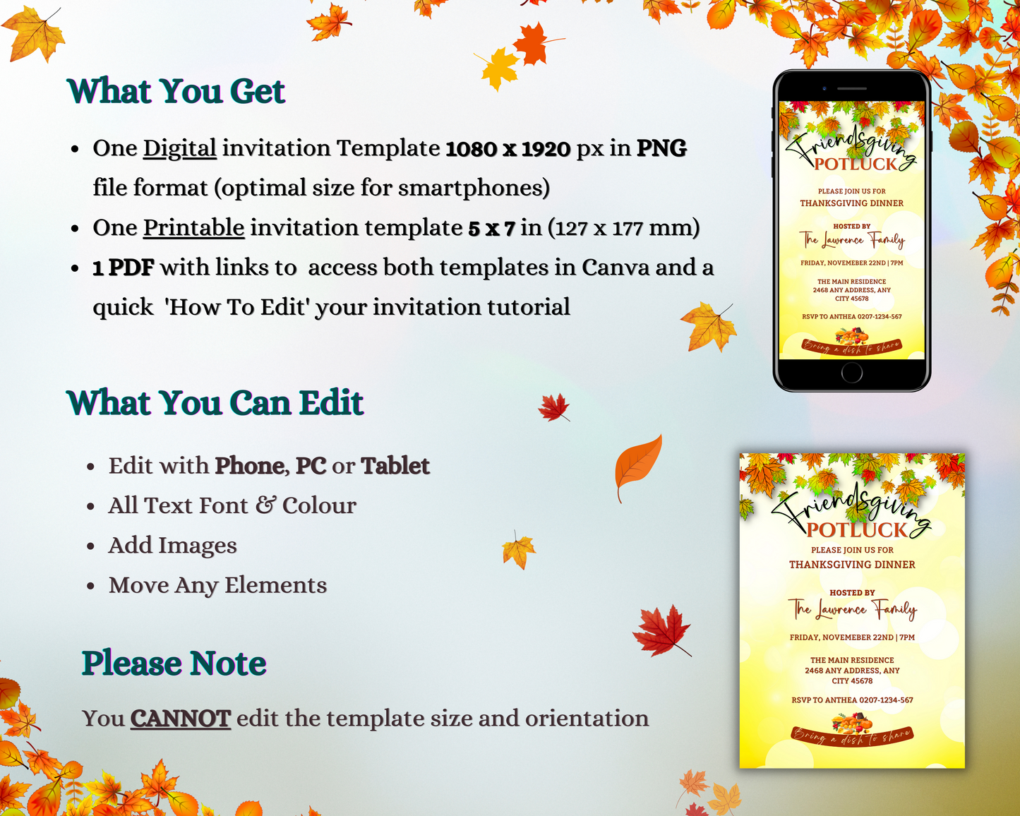 Friendsgiving Potluck Autumn Leaves Thanksgiving Dinner Evite displayed on a smartphone screen with autumn leaves and a Thanksgiving potluck invitation.