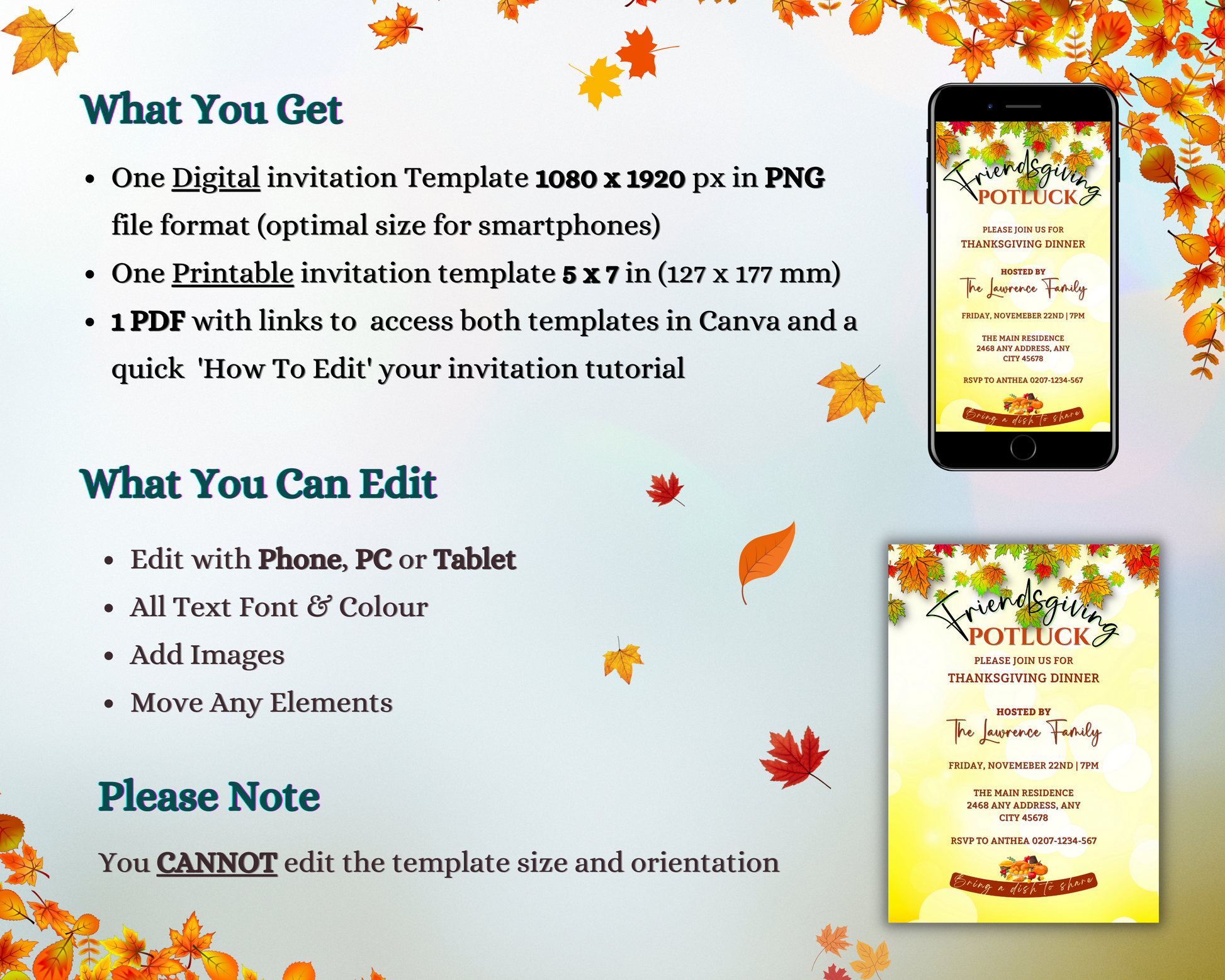 Friendsgiving Potluck Autumn Leaves Thanksgiving Dinner Evite displayed on a smartphone screen with autumn leaves and a Thanksgiving potluck invitation.