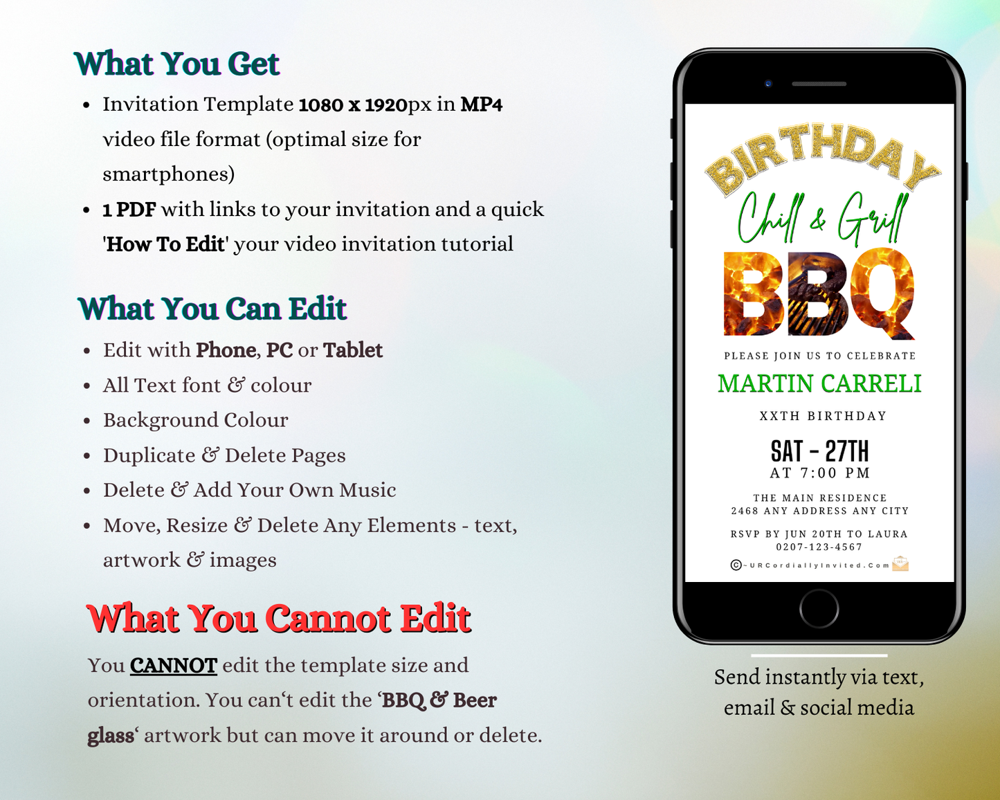 Birthday BBQ Chill & Grill Invitation – Editable Animated Design displayed on a mobile phone screen, showcasing text and customizable details for a digital birthday celebration invitation.
