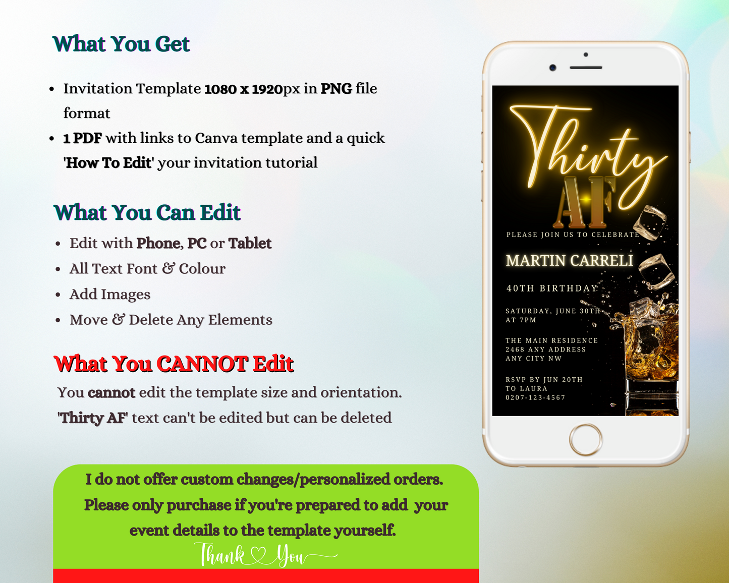 Customizable Gold Neon Splashing Cubes 30AF Birthday Evite displayed on a smartphone, ready for personalization and digital sharing via Canva.