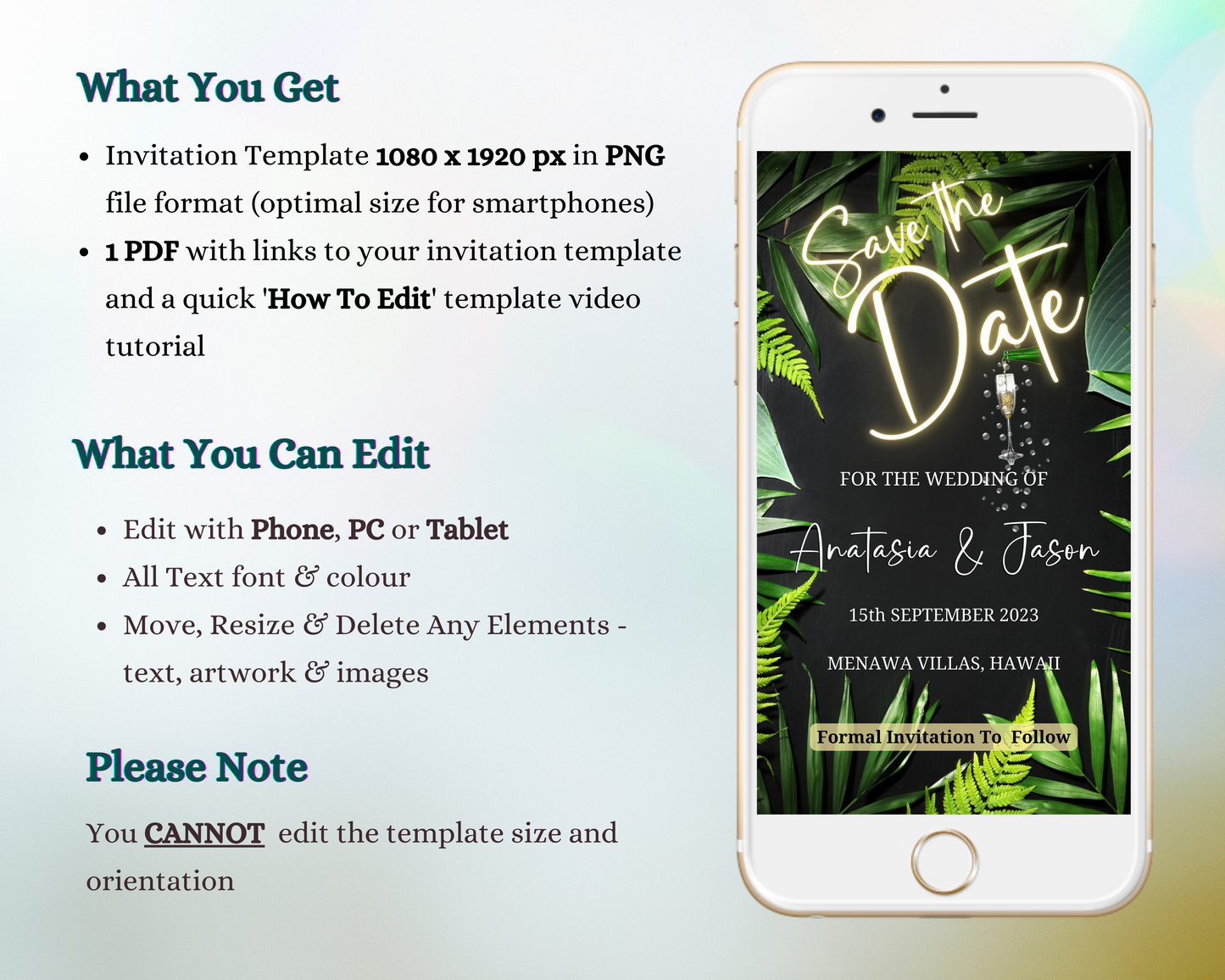 Neon Tropical Destination Save The Date Wedding Evite displayed on a smartphone screen, customizable via Canva for electronic sharing.