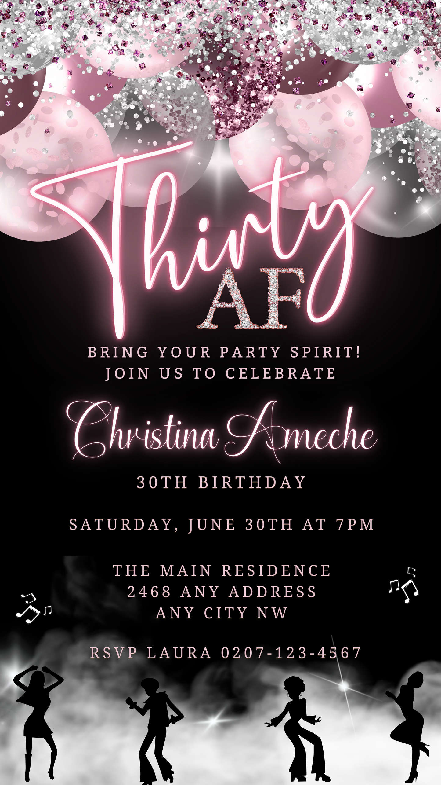 Customizable Mauve Pink Silver Neon | 60AF Birthday Evite featuring black and pink design with silhouettes, downloadable for smartphone editing via Canva, ideal for digital invitations.