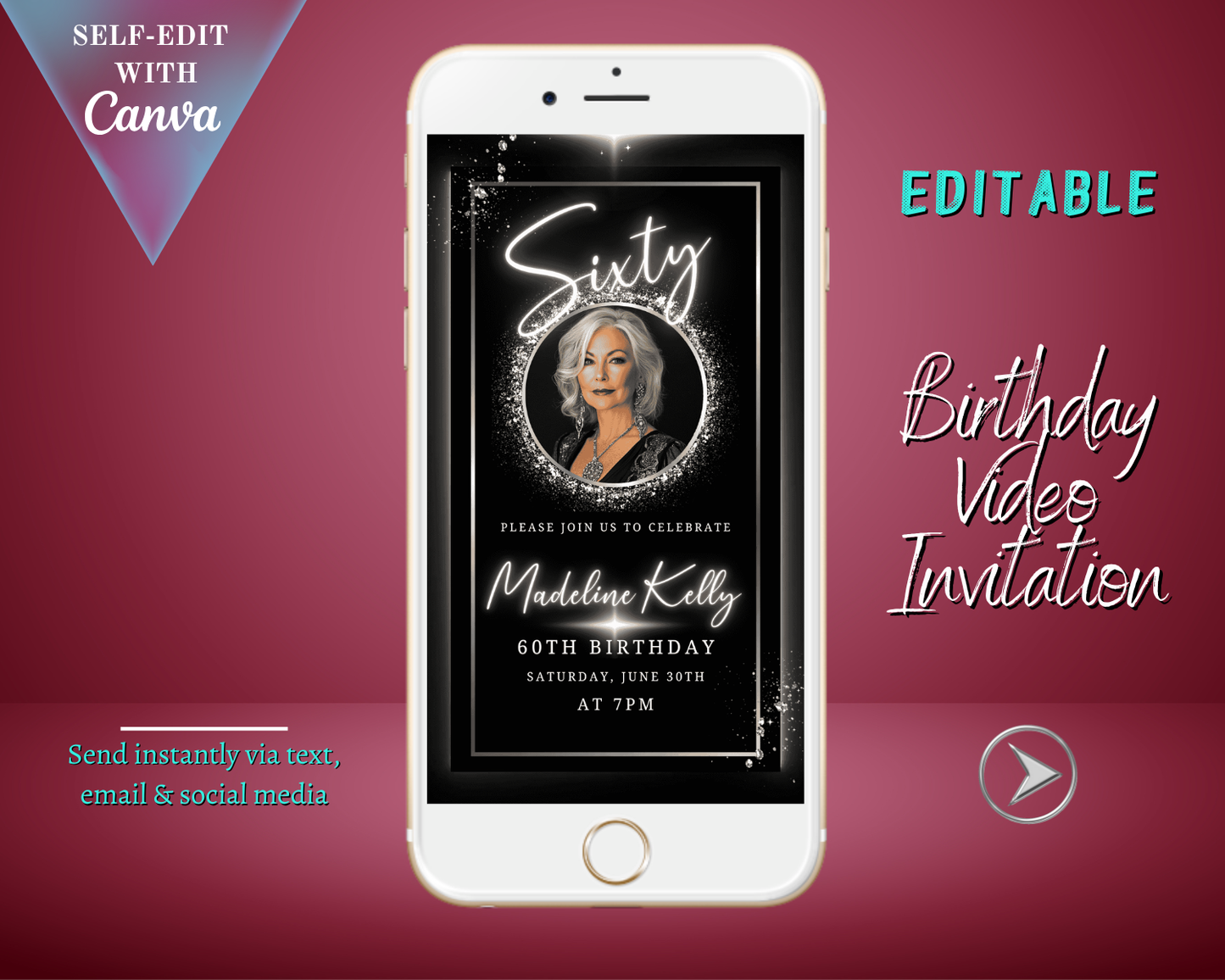 60th Birthday Video Invitation - Black White Silver Oval Photo Frame Animated Invite displayed on a smartphone, showcasing editable options and sharing features, designed for customization in Canva.
