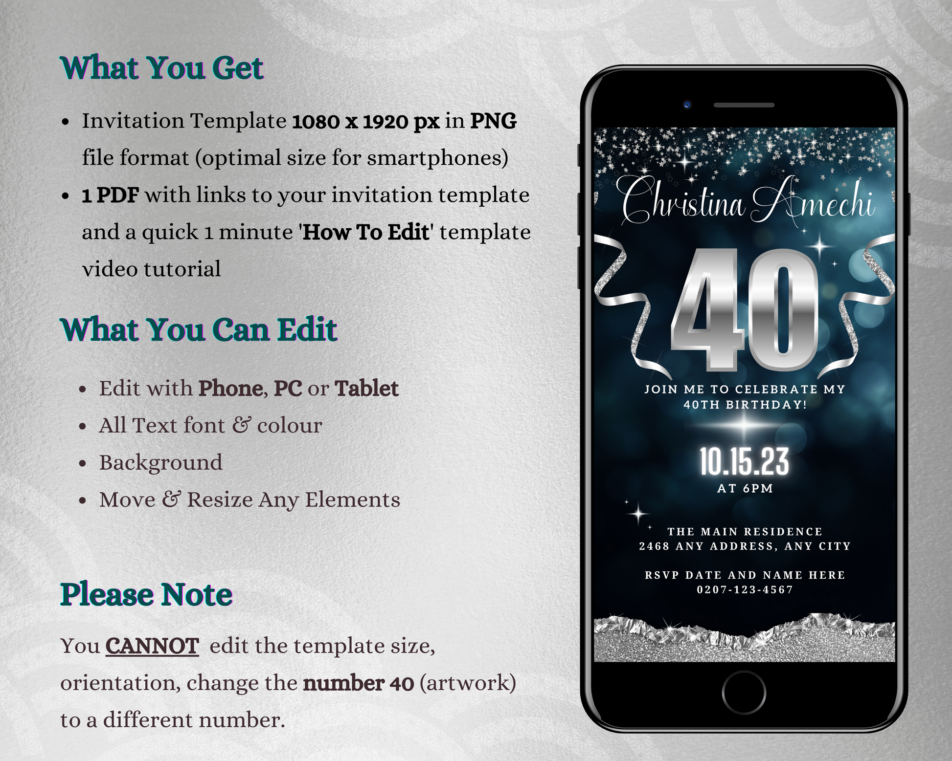 Customizable Navy Blue Silver Glitter 40th Birthday Evite displayed on a smartphone screen, showcasing editable text and photo features for personalizing invitations using Canva.
