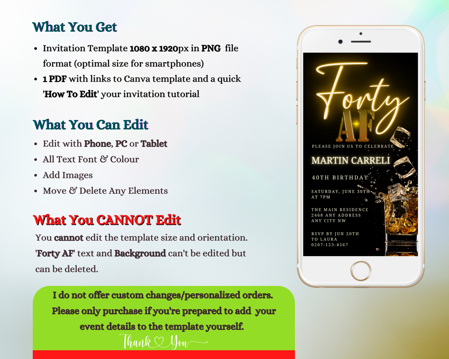 White cellphone displaying customizable Black Gold Neon Cube Splash | 40AF Birthday Evite template with editable text, designed for instant download and easy personalization via Canva.