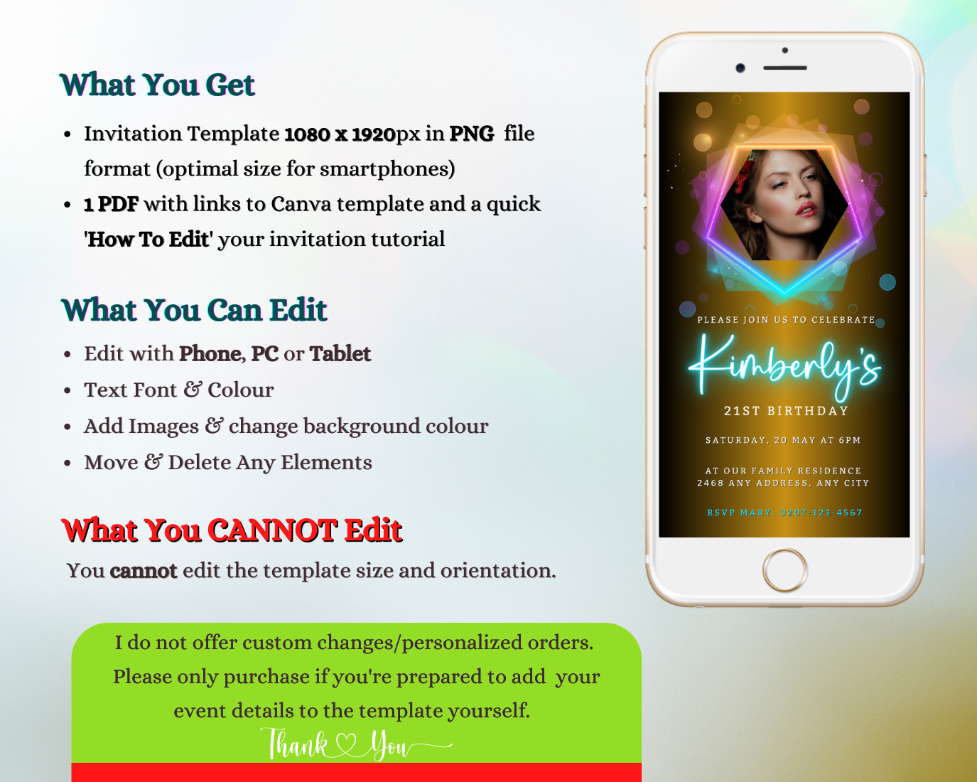 White smartphone displaying a customizable digital birthday party evite with a woman's photo on the screen.