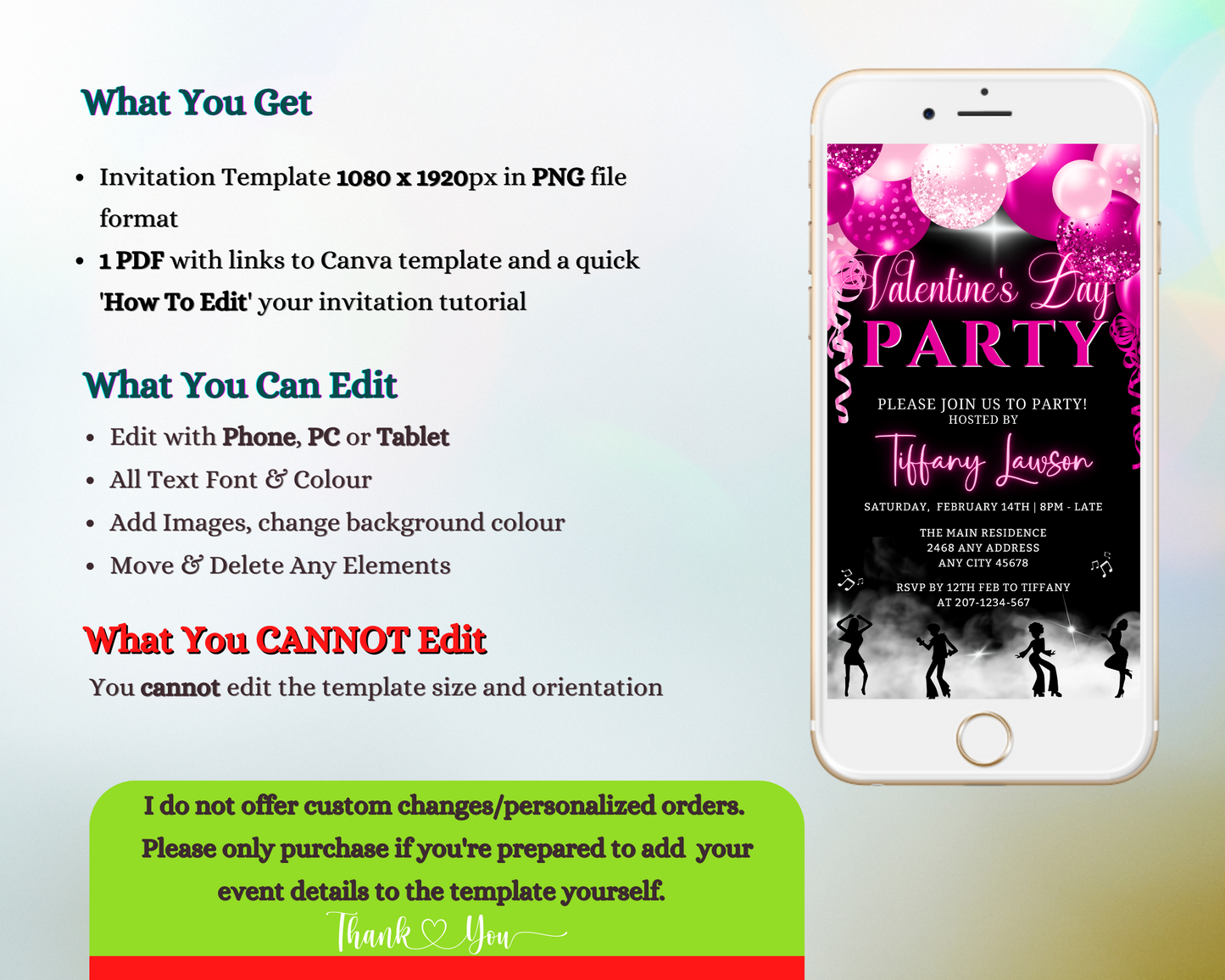 Editable digital Smoking Dancers Pink Neon Balloons Valentine's Day party evite displayed on a white smartphone screen.