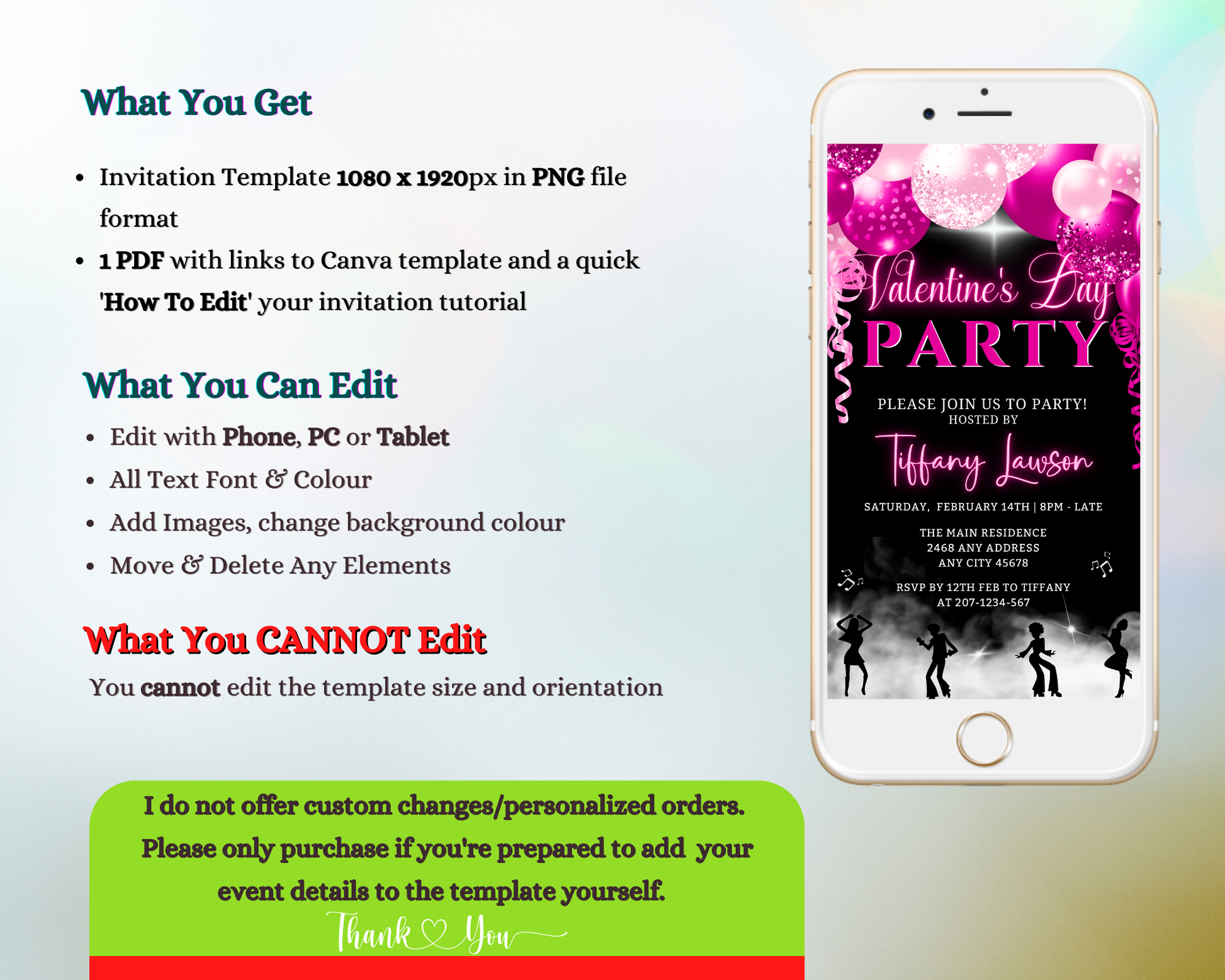 Editable digital Smoking Dancers Pink Neon Balloons Valentine's Day party evite displayed on a white smartphone screen.