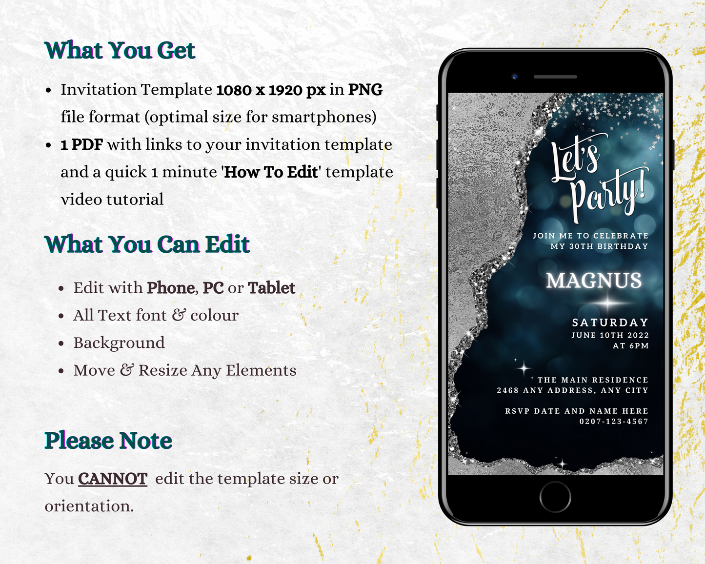 Editable Navy Silver Glitter Birthday Evite displayed on a smartphone screen, showing customizable text elements for a personalized digital invitation.